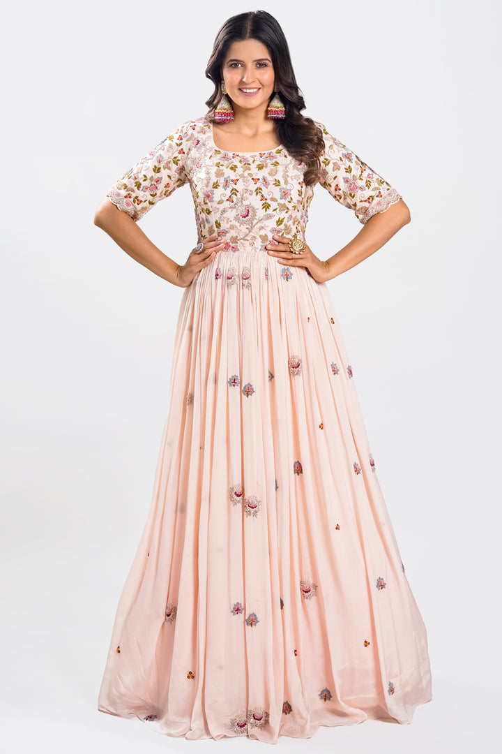 Pink Color Chinon Fabric Gown With Hand French Knot and Jardoshi Work