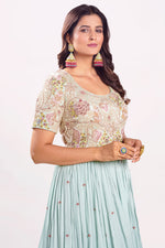 Load image into Gallery viewer, Aqua Blue Tone Chinon Fabric Readymande Gown With Hand Work