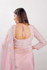 Load image into Gallery viewer, Powder Pink Color Organza Hand Work Saree With Long Sleeves Readymade Blouse