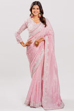 Load image into Gallery viewer, Powder Pink Color Organza Hand Work Saree With Long Sleeves Readymade Blouse