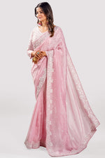 Load image into Gallery viewer, Powder Pink Color Organza Hand Work Saree With Long Sleeves Readymade Blouse