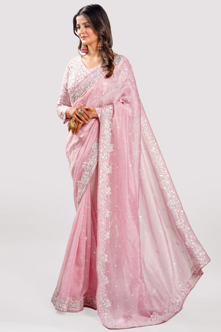 Powder Pink Color Organza Hand Work Saree With Long Sleeves Readymade Blouse