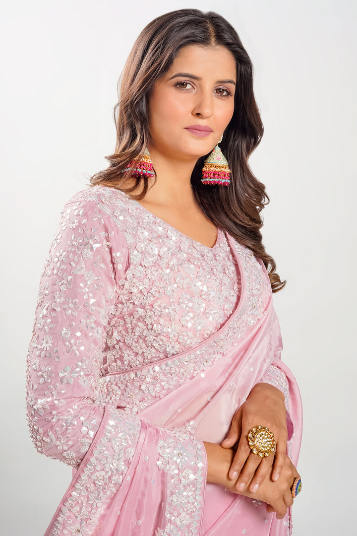Powder Pink Color Organza Hand Work Saree With Long Sleeves Readymade Blouse