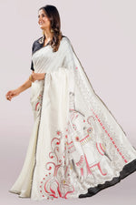 Load image into Gallery viewer, Pure Dola Silk Hand Print Pallu Saree With Stand Neck Collar Blouse