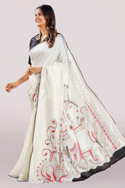 Pure Dola Silk Hand Print Pallu Saree With Stand Neck Collar Blouse