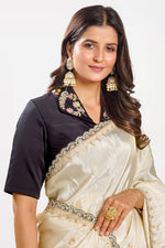 Load image into Gallery viewer, Pure Tusser Tissue Jardoshi Border Work Saree With Contrast Blouse