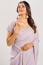 Load image into Gallery viewer, Georgette Fabric Chikankari Work Saree With Pearl Work Readymade Blouse