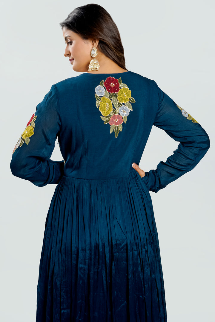 Fancy Teal Blue Color Applic Work York Portion Gown