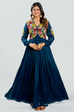Load image into Gallery viewer, Fancy Teal Blue Color Applic Work York Portion Gown