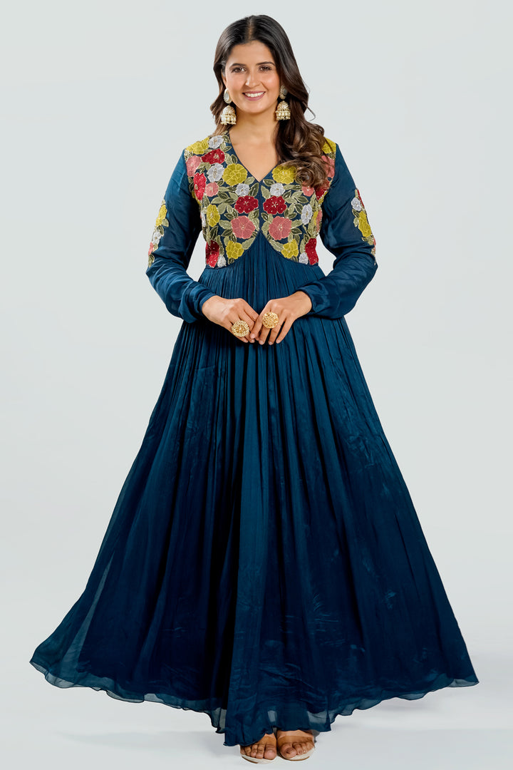 Fancy Teal Blue Color Applic Work York Portion Gown