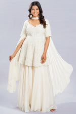 Load image into Gallery viewer, Pure Silk Pearl Work Peplum Style Sharara Suit With Bow Neck Duppata