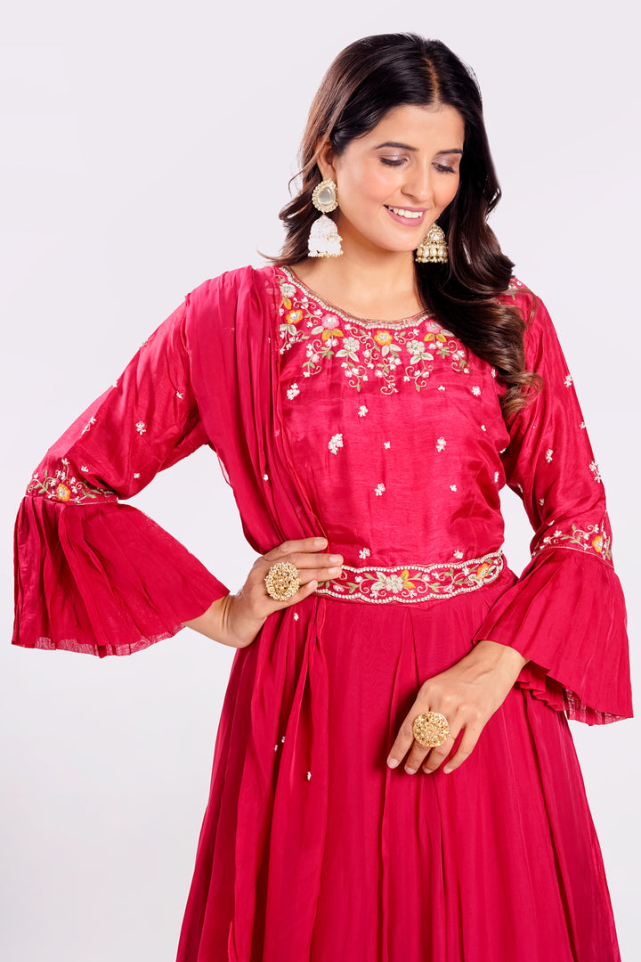 Cheery Red Color Hand Work Floor Length Readymade Gown