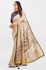 Load image into Gallery viewer, Dola Silk Hand Paint And High Lighting Hand Work Saree With High Neck Stitched Blouse