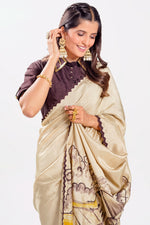 Load image into Gallery viewer, Dola Silk Hand Paint And High Lighting Hand Work Saree With High Neck Stitched Blouse