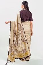 Load image into Gallery viewer, Dola Silk Hand Paint And High Lighting Hand Work Saree With High Neck Stitched Blouse