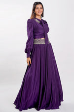 Load image into Gallery viewer, Purple Color Long Ballon Sleeves Lehenga With Crop Top