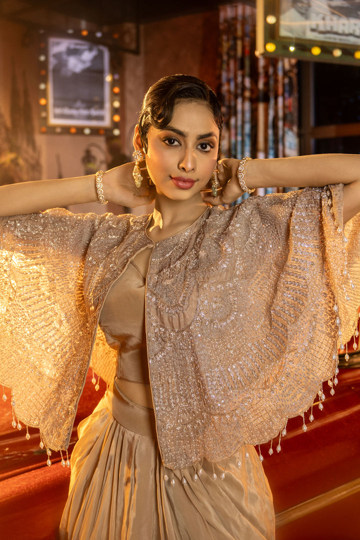 Crepe Fabric Indo Western Dhoti Bottom With Fancy Blouse And Sequins Pearl Work Short Jacket