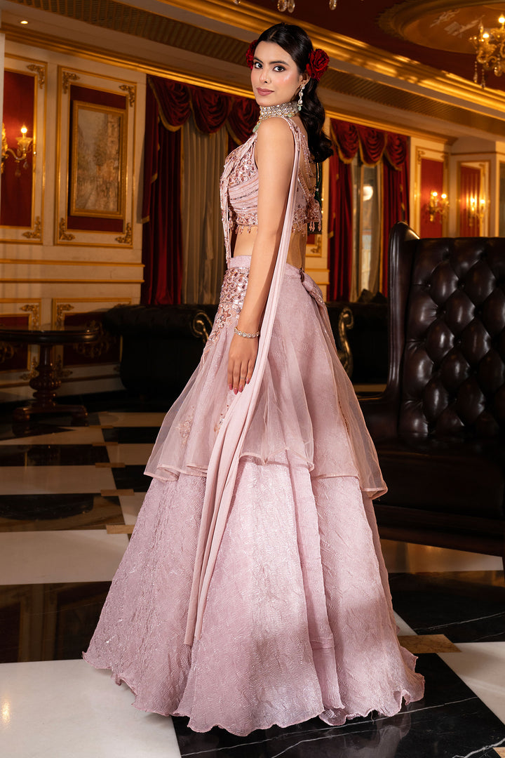 Pink Crop Top Texture Fabric Drap Monotone Sequins With Pipe And Cutdana Work Designer Lehenga