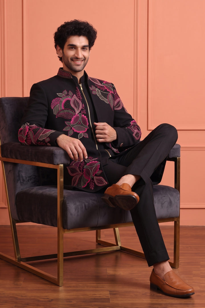 Fancy Fabric Wedding Wear Black Trendy Readymade Indo Western Suit For Men