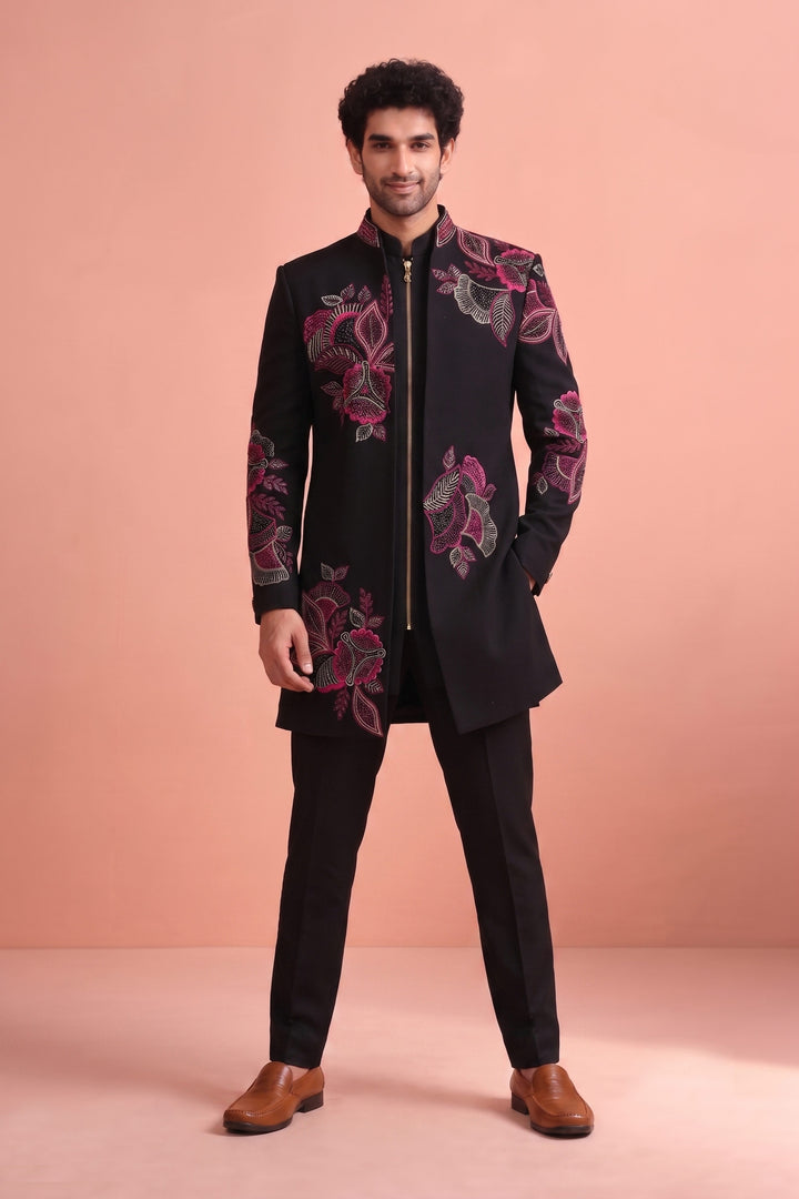 Fancy Fabric Wedding Wear Black Trendy Readymade Indo Western Suit For Men