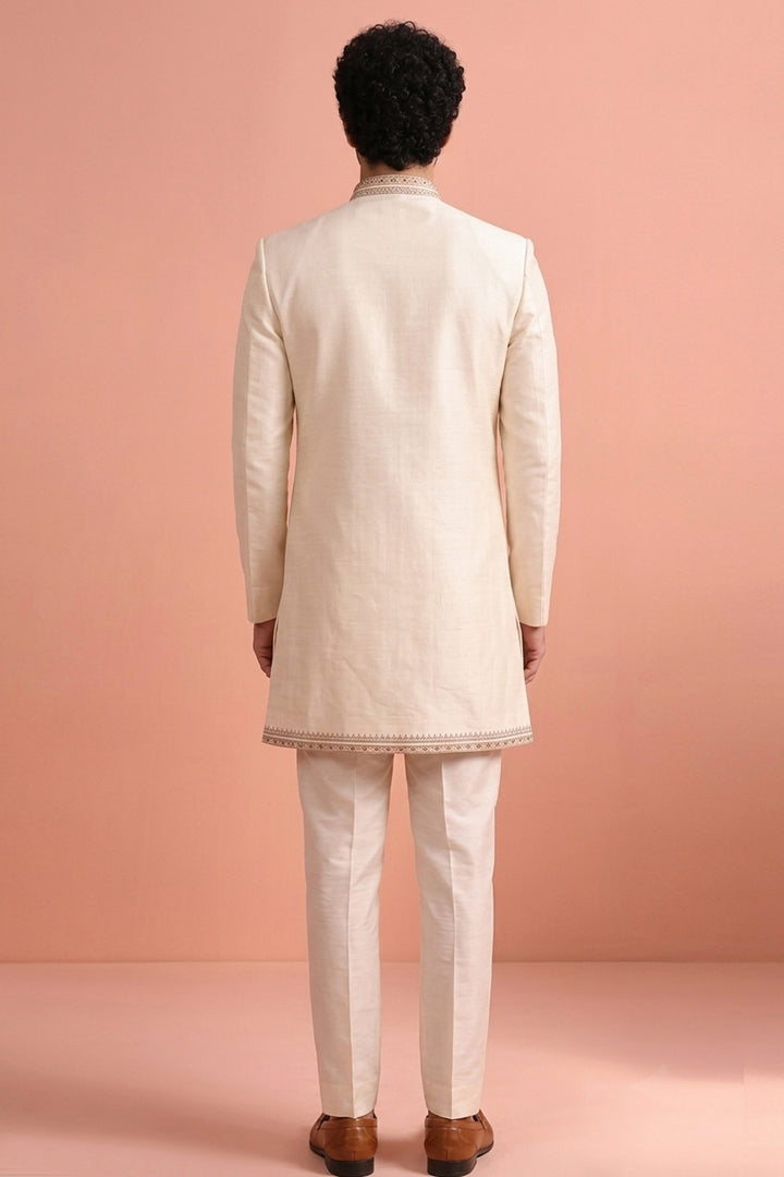 Gorgeous Satin Wedding Function Off White Readymade Indo Western Suit For Men