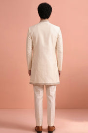 Gorgeous Satin Wedding Function Off White Readymade Indo Western Suit For Men
