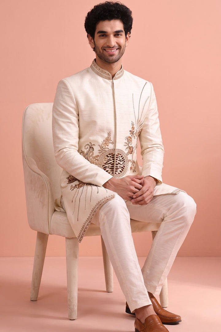 Gorgeous Satin Wedding Function Off White Readymade Indo Western Suit For Men