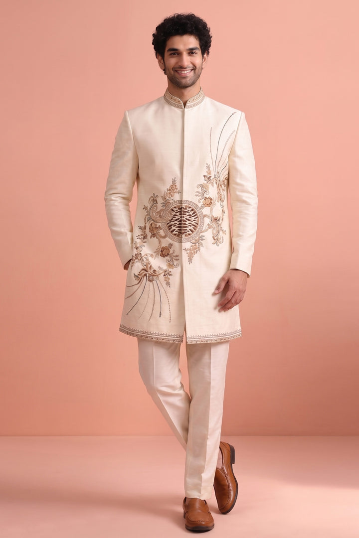 Gorgeous Satin Wedding Function Off White Readymade Indo Western Suit For Men