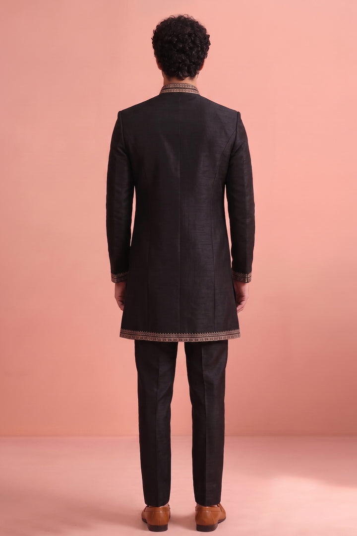 Black Satin Wedding Wear Readymade Indo Western Suit For Men