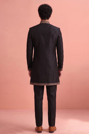 Black Satin Wedding Wear Readymade Indo Western Suit For Men