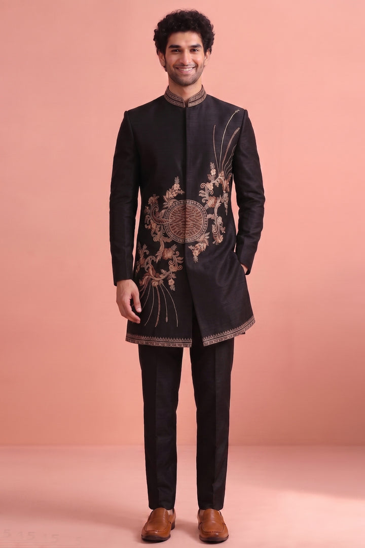 Black Satin Wedding Wear Readymade Indo Western Suit For Men