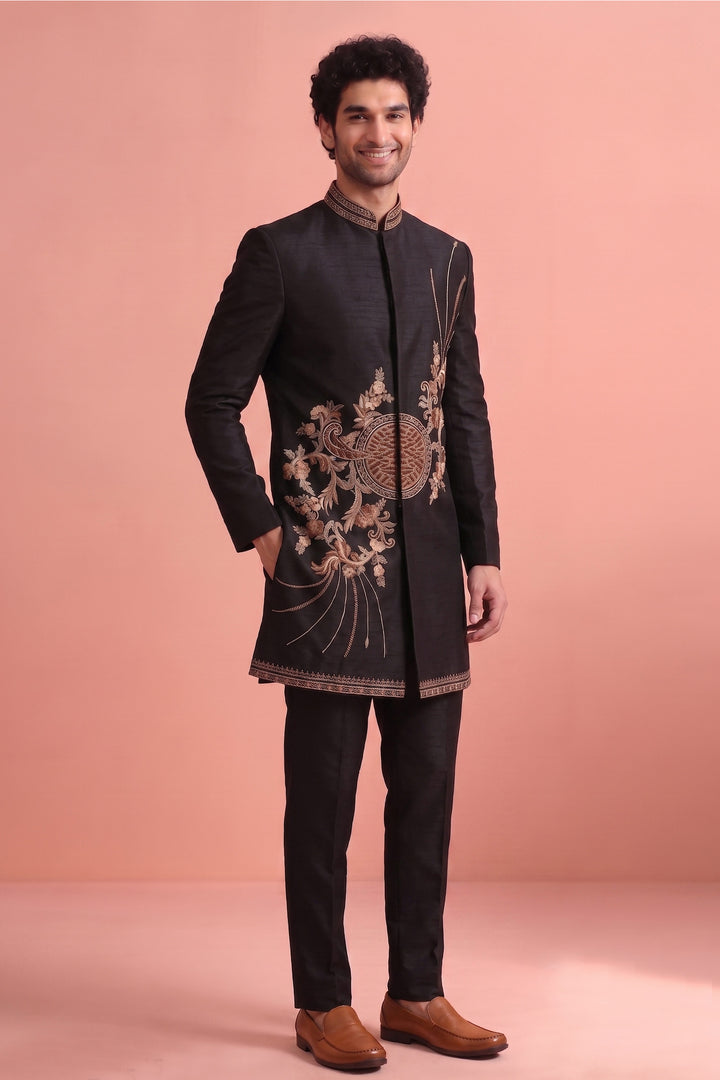 Black Satin Wedding Wear Readymade Indo Western Suit For Men