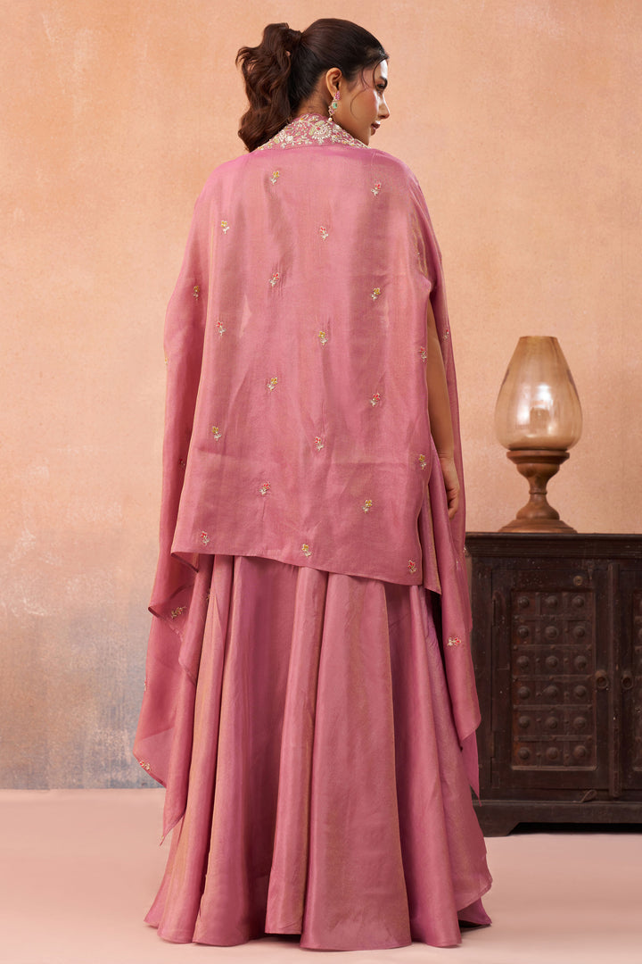 Party Wear Pink Indo Western Crop Top Palazzo Set With Designer Cape