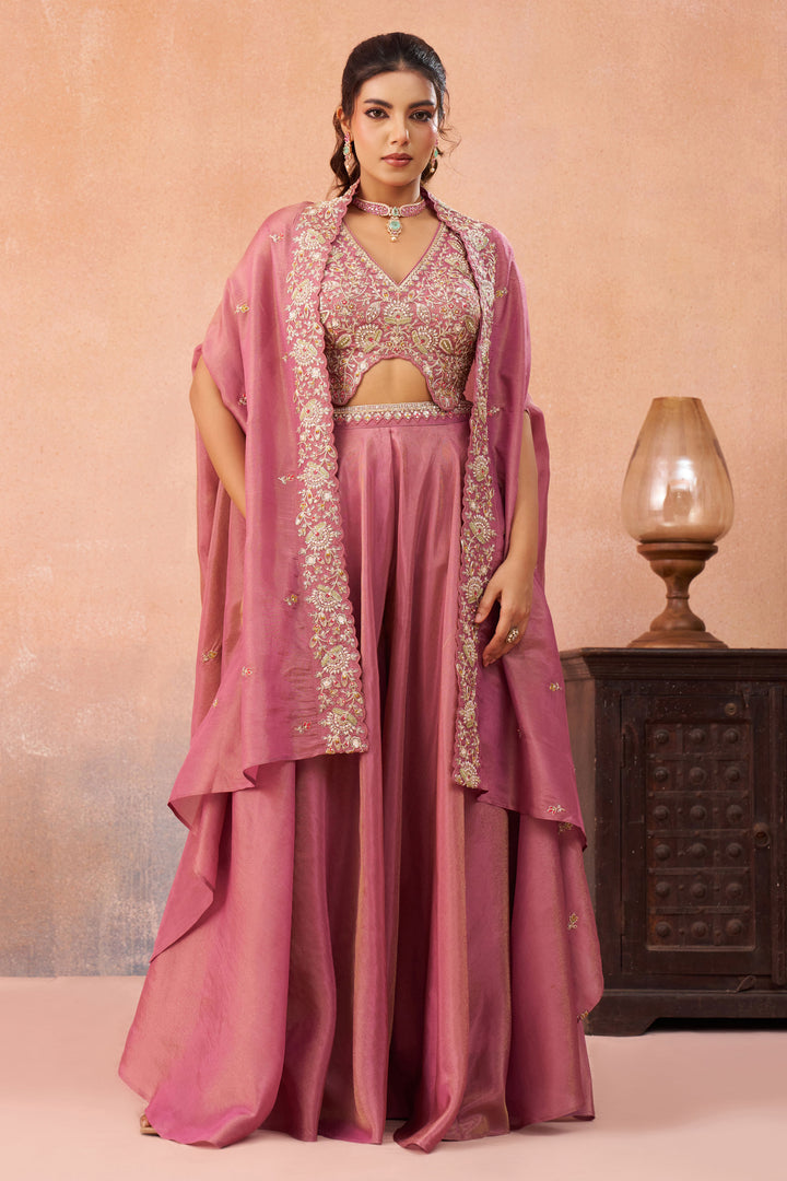 Party Wear Pink Indo Western Crop Top Palazzo Set With Designer Cape