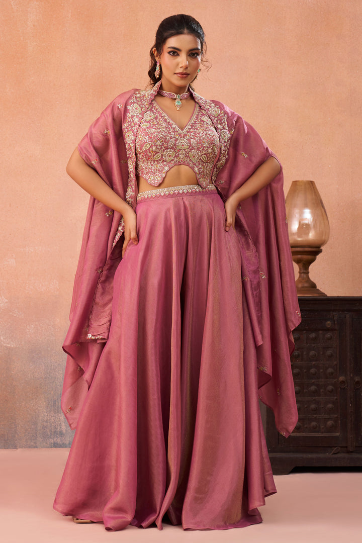 Party Wear Pink Indo Western Crop Top Palazzo Set With Designer Cape