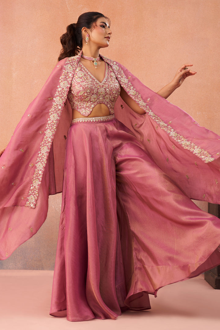 Party Wear Pink Indo Western Crop Top Palazzo Set With Designer Cape