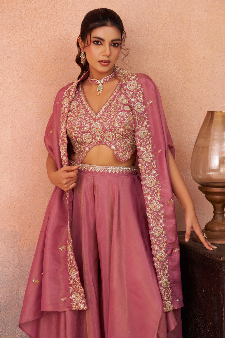 Party Wear Pink Indo Western Crop Top Palazzo Set With Designer Cape