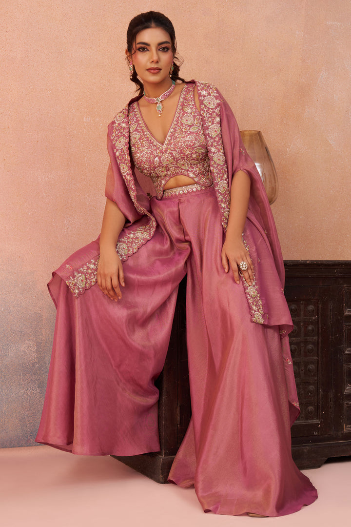 Party Wear Pink Indo Western Crop Top Palazzo Set With Designer Cape