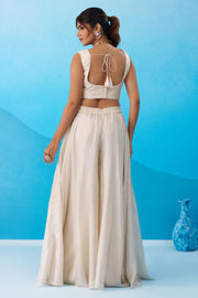 Cream Viscose Designer Embroidered Indo Western Crop Top Palazzo Set With Flared Cape