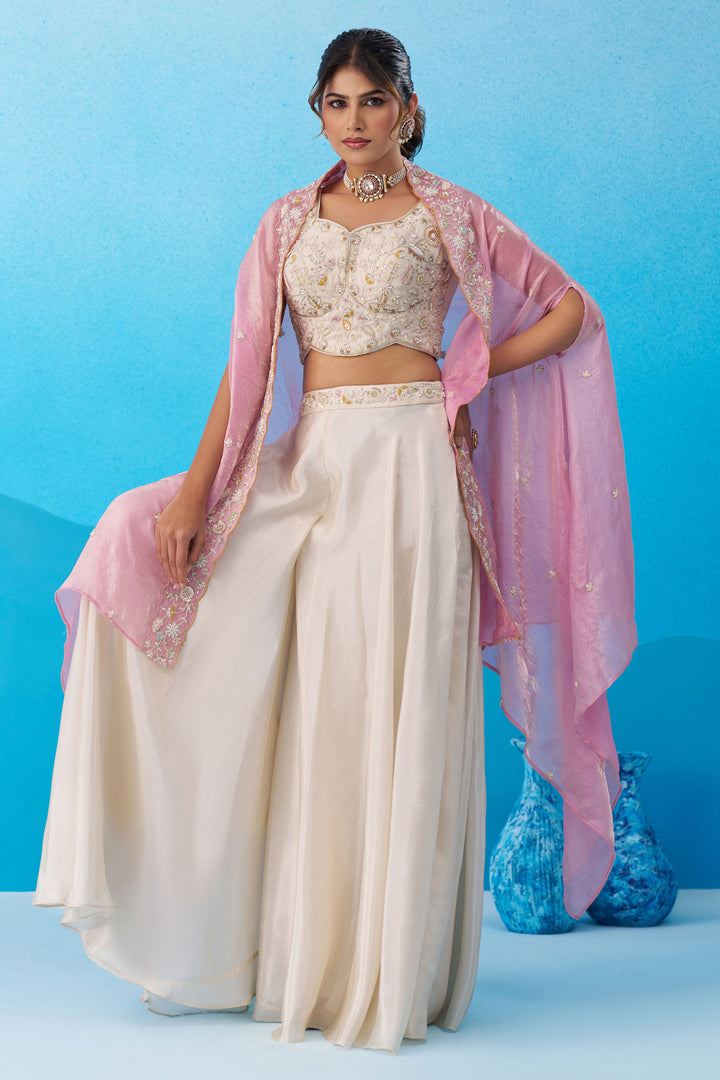 Cream Viscose Designer Embroidered Indo Western Crop Top Palazzo Set With Flared Cape