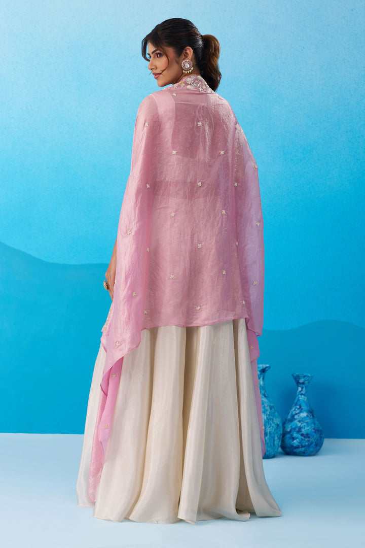 Cream Viscose Designer Embroidered Indo Western Crop Top Palazzo Set With Flared Cape