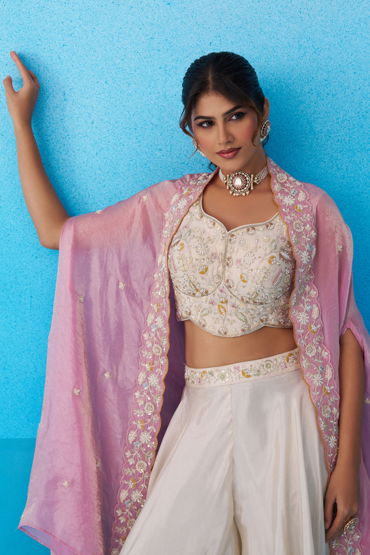 Cream Viscose Designer Embroidered Indo Western Crop Top Palazzo Set With Flared Cape