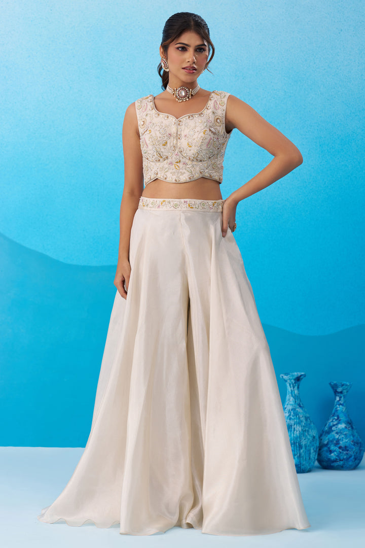 Cream Viscose Designer Embroidered Indo Western Crop Top Palazzo Set With Flared Cape
