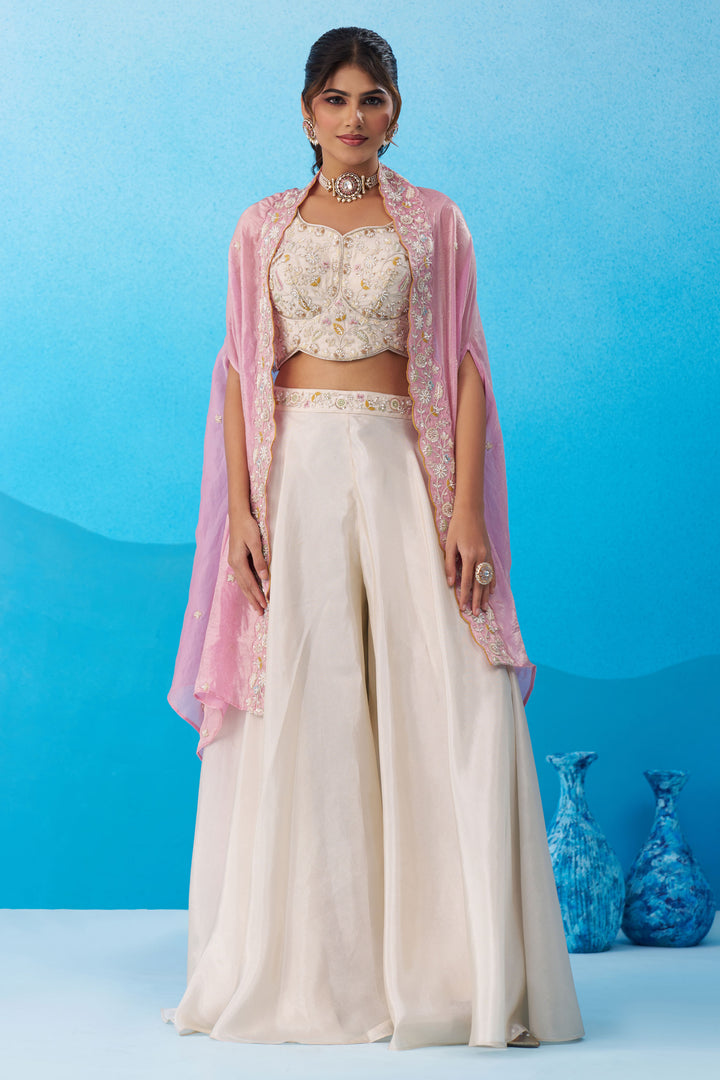 Cream Viscose Designer Embroidered Indo Western Crop Top Palazzo Set With Flared Cape