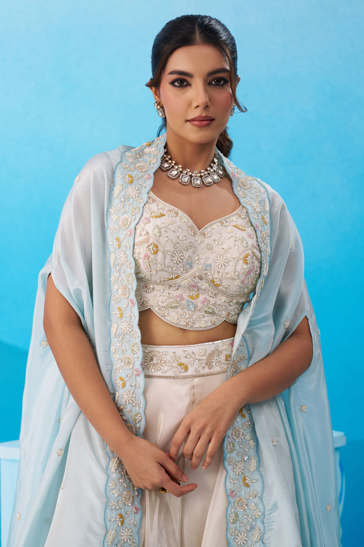Stylish Viscose Indo Western Crop Top With Flared Cape And Palazzo Set