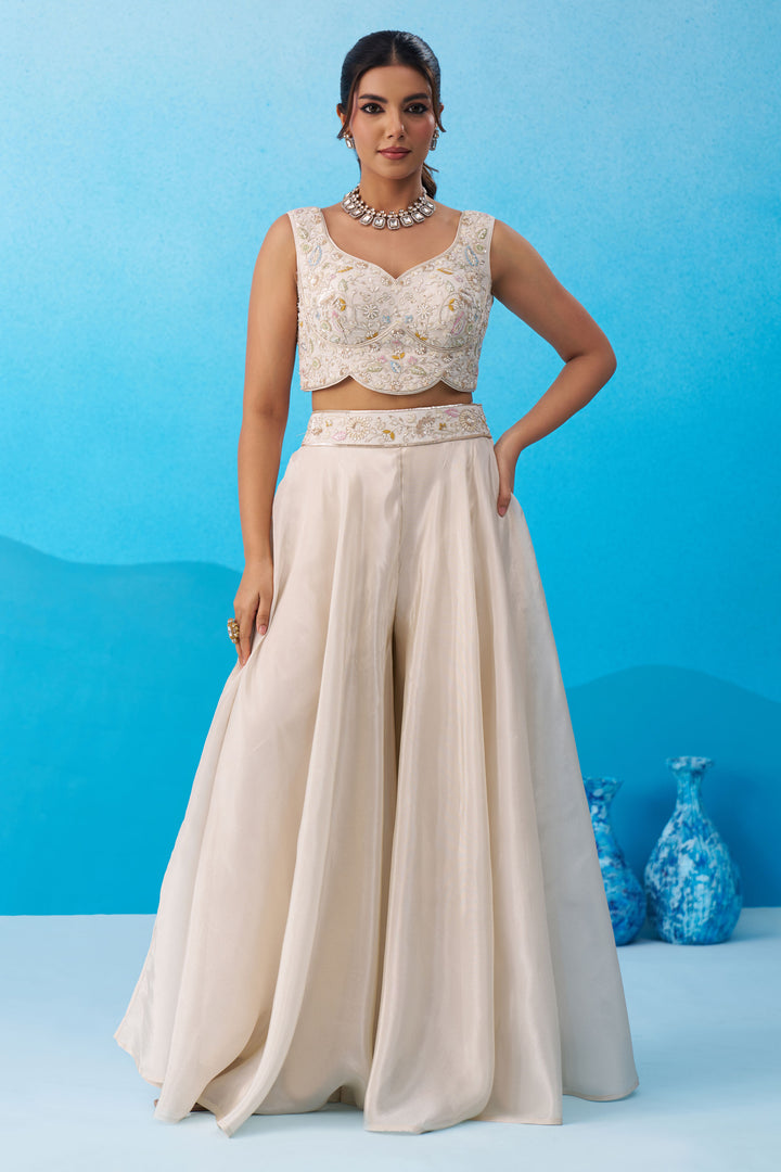 Stylish Viscose Indo Western Crop Top With Flared Cape And Palazzo Set