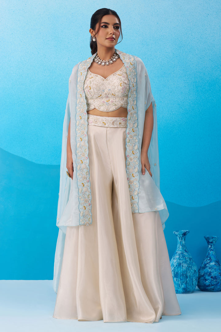 Stylish Viscose Indo Western Crop Top With Flared Cape And Palazzo Set