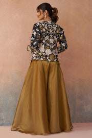 Premium Brown Embroidered Indo Western Crop Top Palazzo Set With Designer Jacket