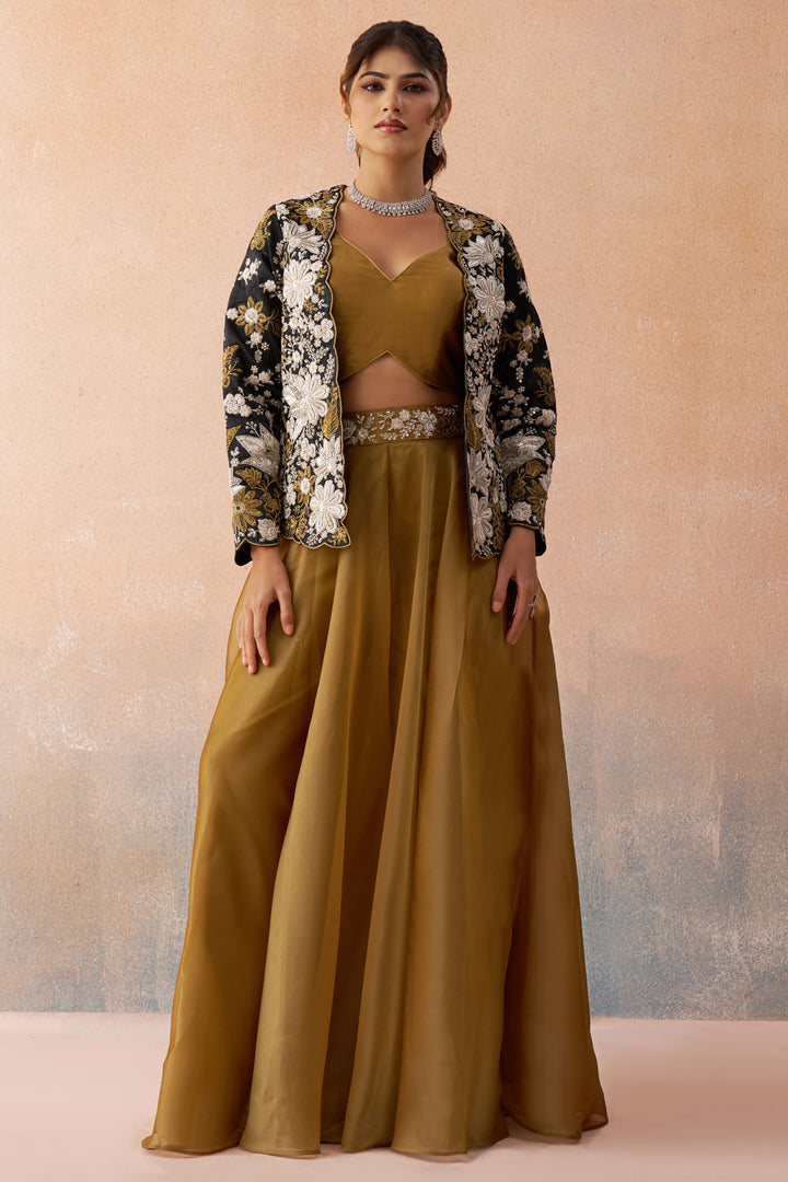 Premium Brown Embroidered Indo Western Crop Top Palazzo Set With Designer Jacket