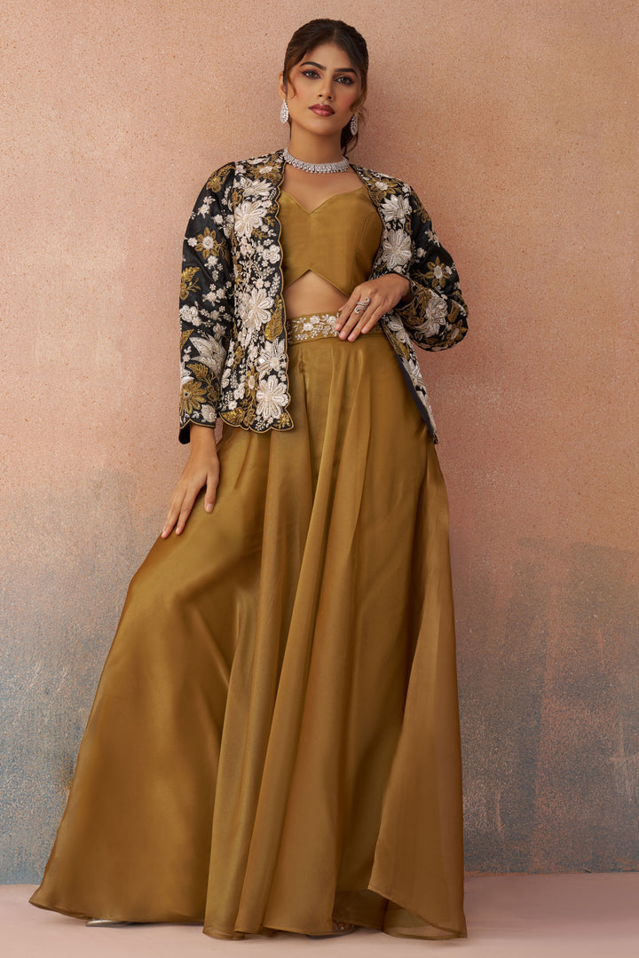 Premium Brown Embroidered Indo Western Crop Top Palazzo Set With Designer Jacket